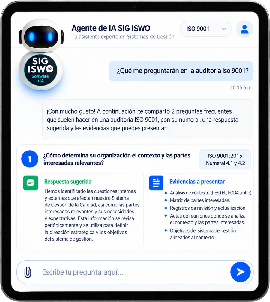 Agente de IA SIG ISWO respondiendo preguntas de auditoría ISO 9001